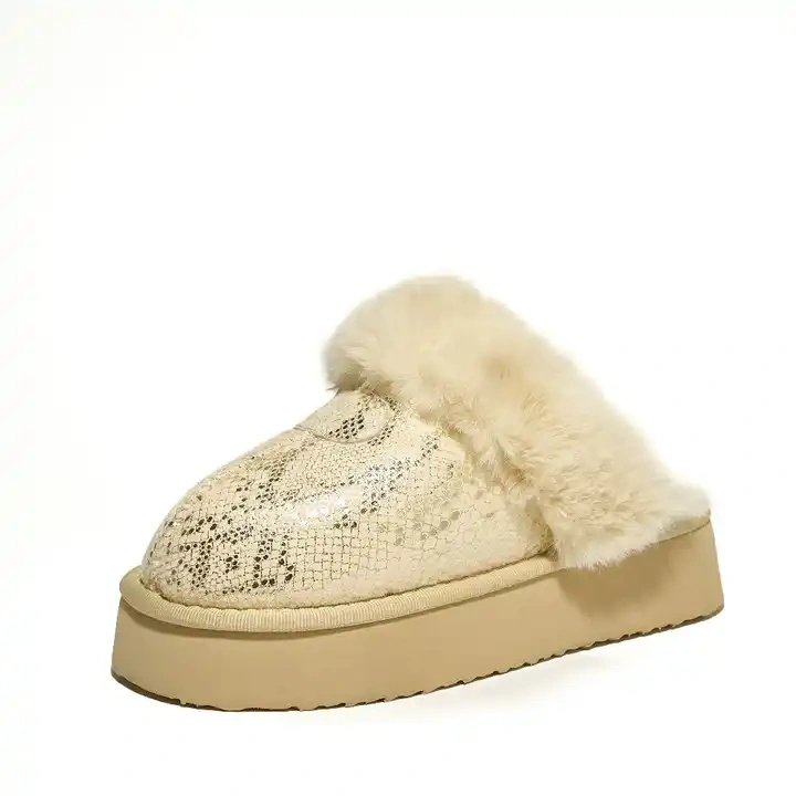 Hot Selling Solid Color Snake Pattern Shining Plush Slippers Winter Warm Thick Light Sole Plush Slippers