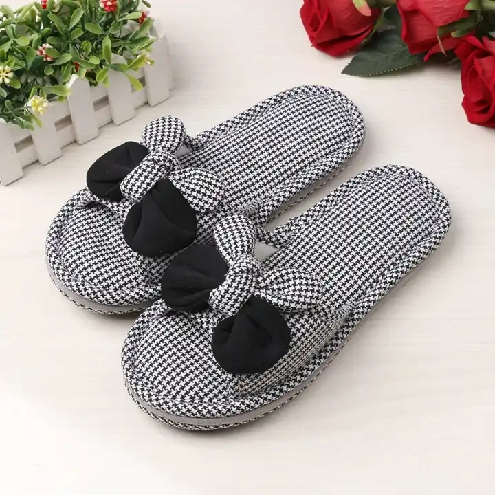 Wholesale Autumn And Winter Thickened Cotton Fabric Home Bow Slippers Soft Sole Silent Female Bedroom Bow Slippers