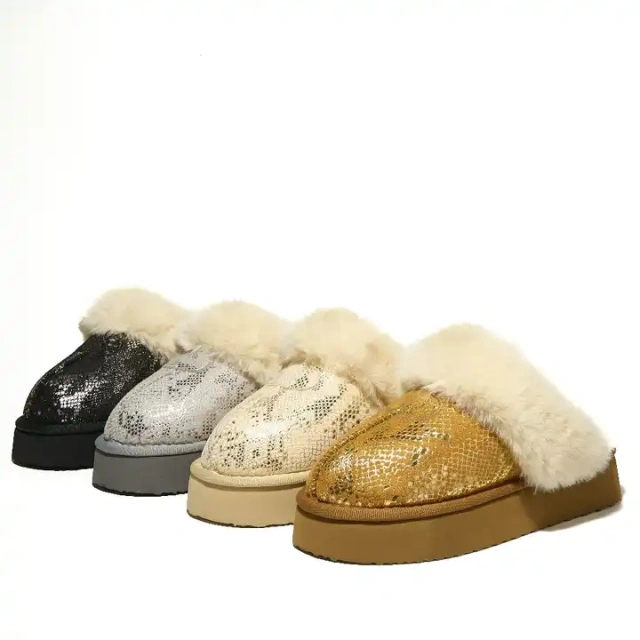 Hot Selling Solid Color Snake Pattern Shining Plush Slippers Winter Warm Thick Light Sole Plush Slippers