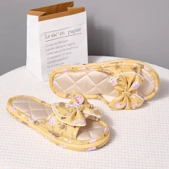 Wholesale Autumn And Winter Thickened Fabric Home Bow Slippers Soft Sole Silent Female Indoor Bow Home Slippers