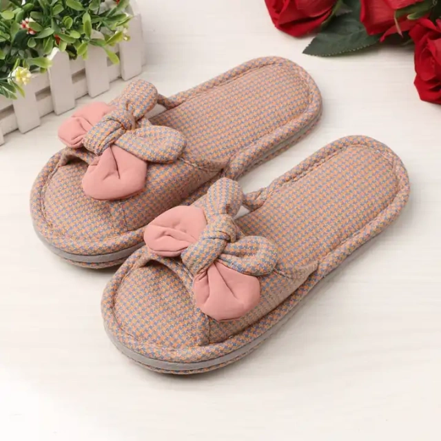 Wholesale Autumn And Winter Thickened Cotton Fabric Home Bow Slippers Soft Sole Silent Female Bedroom Bow Slippers