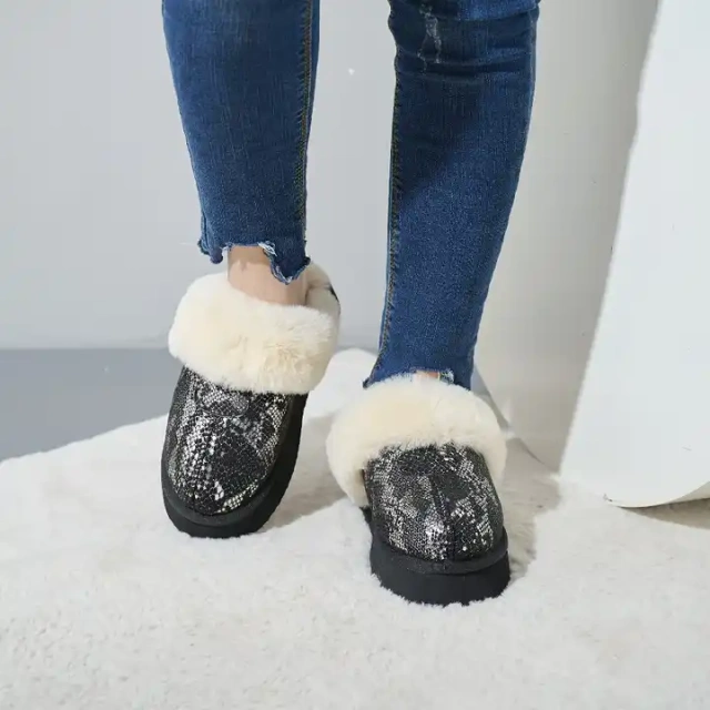 Hot Selling Solid Color Snake Pattern Shining Plush Slippers Winter Warm Thick Light Sole Plush Slippers