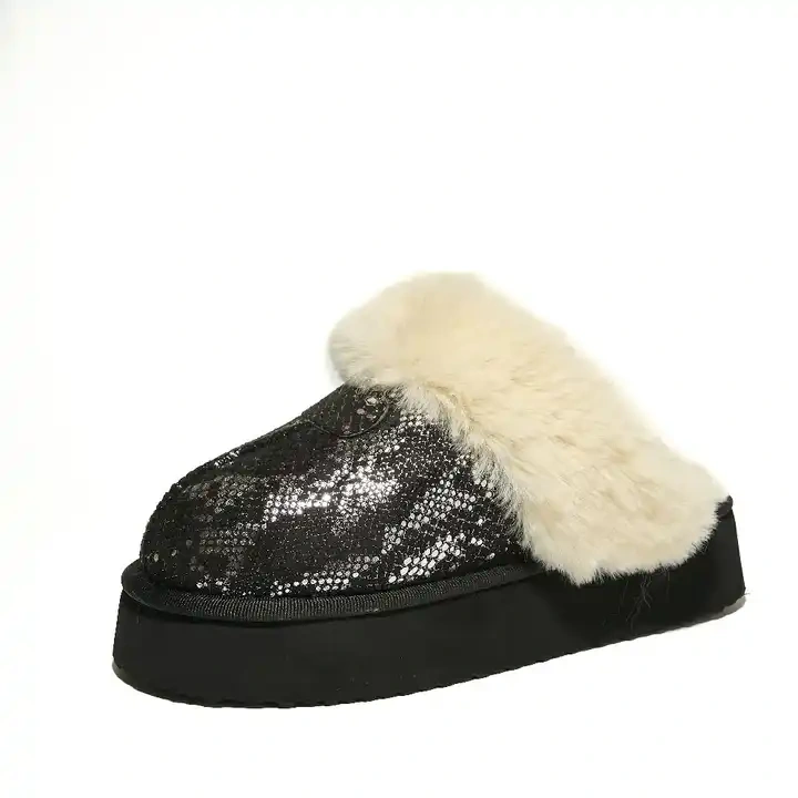 Hot Selling Solid Color Snake Pattern Shining Plush Slippers Winter Warm Thick Light Sole Plush Slippers