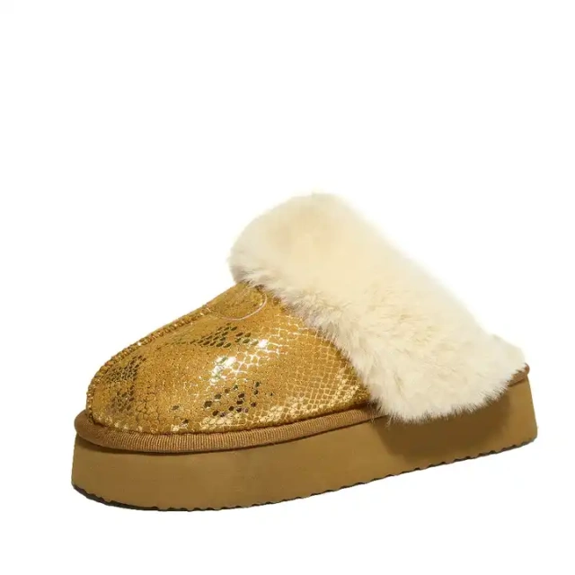 Hot Selling Solid Color Snake Pattern Shining Plush Slippers Winter Warm Thick Light Sole Plush Slippers