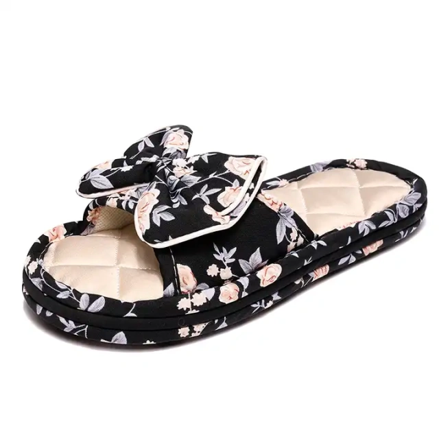 Wholesale Autumn And Winter Thickened Fabric Home Bow Slippers Soft Sole Silent Female Indoor Bow Home Slippers