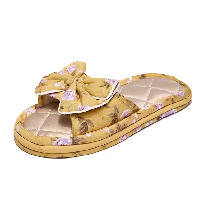 Wholesale Autumn And Winter Thickened Fabric Home Bow Slippers Soft Sole Silent Female Indoor Bow Home Slippers