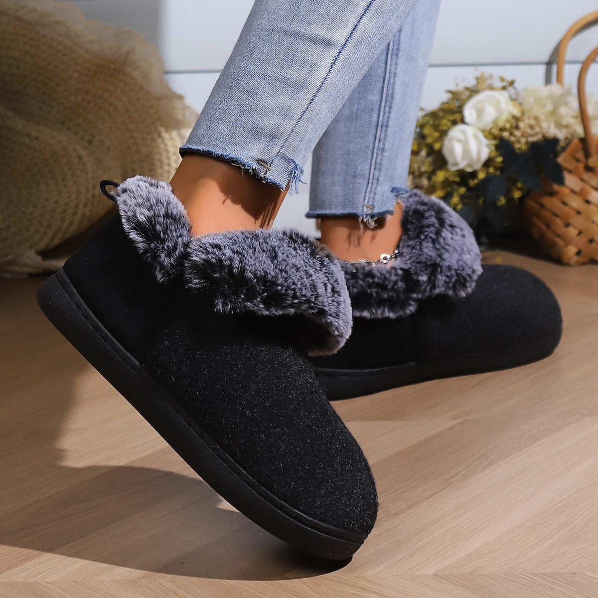 Wholesale Winter Fur Unisex Rubber Outsole Snow Boots Anti-slip Indooer And Outdoor Short Plush Snow Boots For Unisex