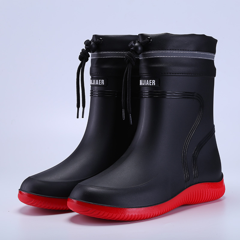 Wholesale Fashion PVC Warm Unisex Anti-slip Rain Boots Wear-resistant Medium Height Kitchen Shoes Black Fishing Boots