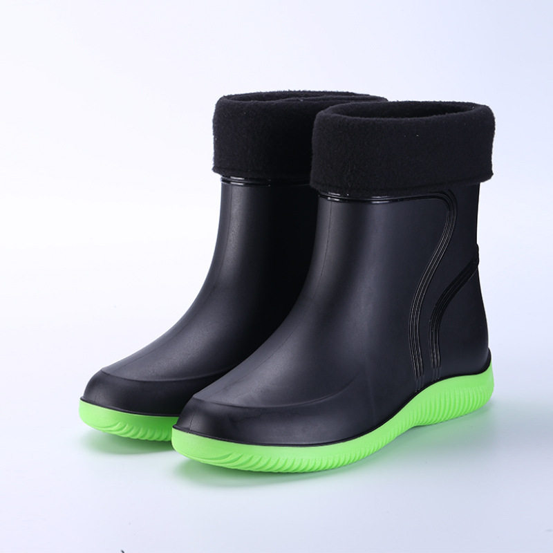 Wholesale Fashion PVC Warm Unisex Anti-slip Rain Boots Wear-resistant Medium Height Kitchen Shoes Black Fishing Boots