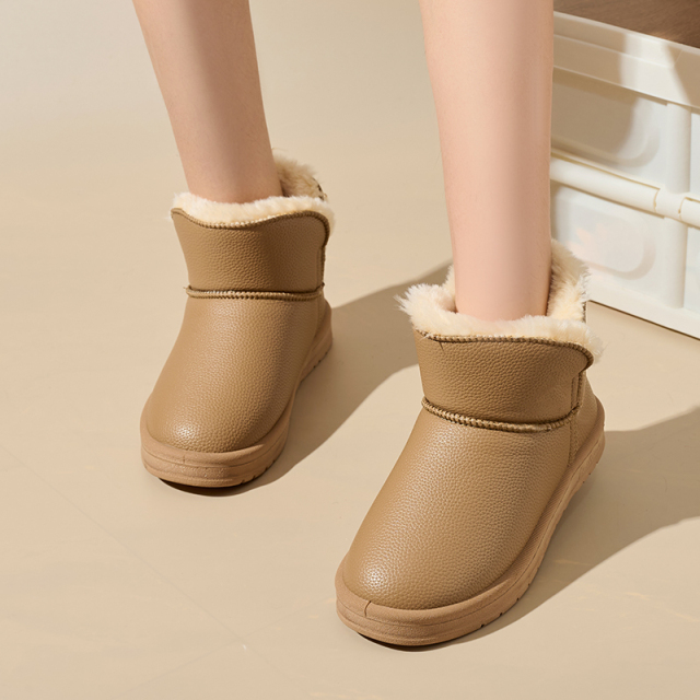 Winter New Trend Fashion Warm Short Boots Outdoor Lychee Leather Casual Ankle Flats One Fur Snow Boots For Women