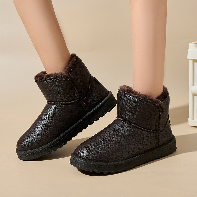 Wholesale Manufacturers Direct Sales Winter Outdoor Dark Imitation Leather Artificial Plush Strip Flat Women Snow Boots