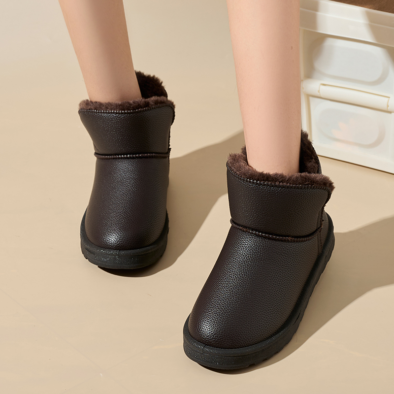 Wholesale Manufacturers Direct Sales Winter Outdoor Dark Imitation Leather Artificial Plush Strip Flat Women Snow Boots
