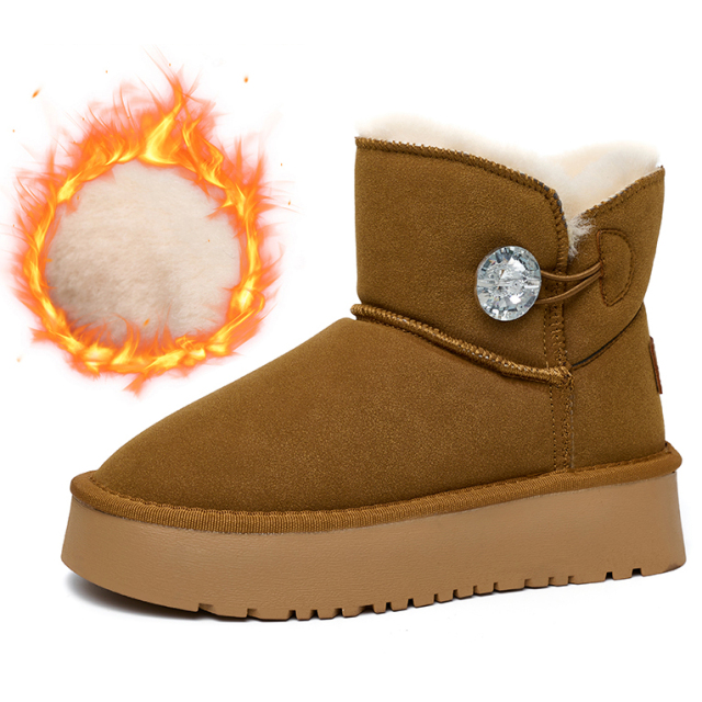 Bairuilun Wholesale Warm Winter Shoes Diamond Button Suede Upper Waterproof Short Fur Snow Boots For Women