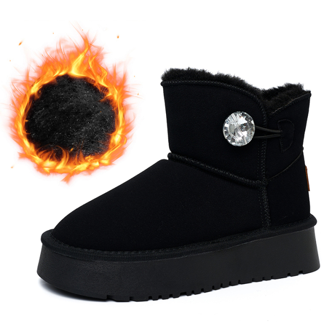 Bairuilun Wholesale Warm Winter Shoes Diamond Button Suede Upper Waterproof Short Fur Snow Boots For Women