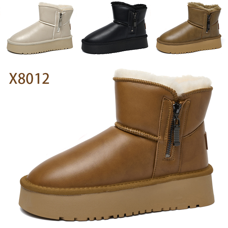 Bairuilun Round Head Fur In One Snow Boots Waterproof Leather Upper Side Zipper Warm Women Snow Boots With Plush Lining