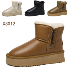 Bairuilun Round Head Fur In One Snow Boots Waterproof Leather Upper Side Zipper Warm Women Snow Boots With Plush Lining