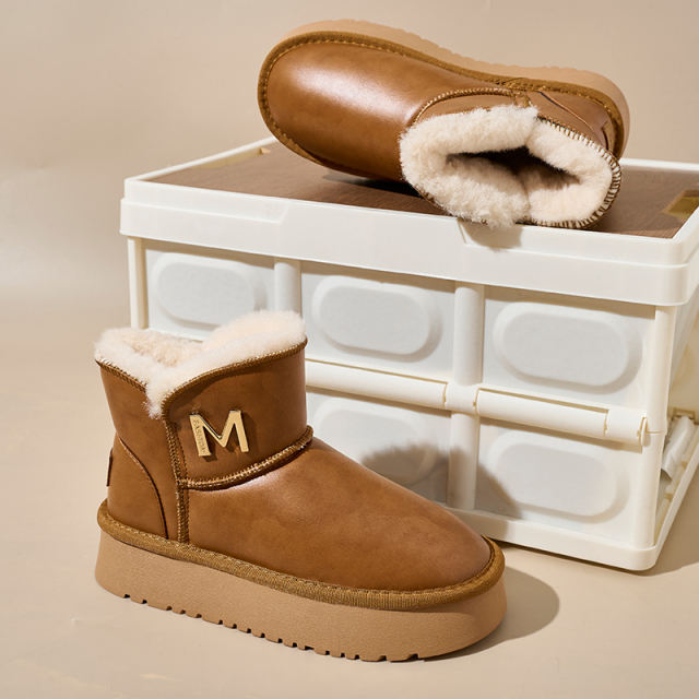 Bairuilun Winter Outdoor Warm Plush Cozy Cotton Shoes Waterproof Smooth Pu Leather Eva Platform Snow Boots For Women