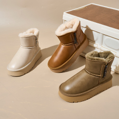 Bairuilun Round Head Fur In One Snow Boots Waterproof Leather Upper Side Zipper Warm Women Snow Boots With Plush Lining