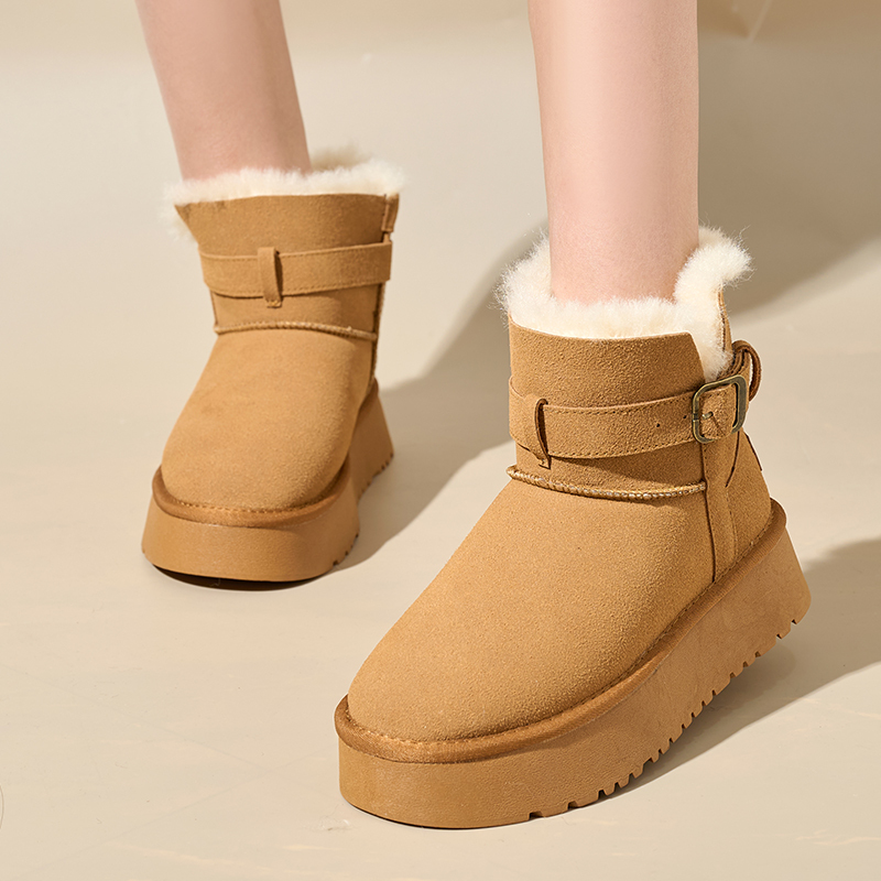 Bairuilun Autumn Winter Mid-top Faux Suede Flat Casual Shoes Comfortable Plush Lining Waterproof Snow Boots For Women