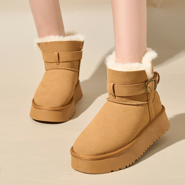 Bairuilun Autumn Winter Mid-top Faux Suede Flat Casual Shoes Comfortable Plush Lining Waterproof Snow Boots For Women