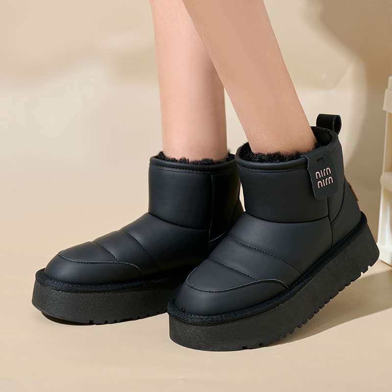 Bairuilun Pu Leather Thick Soled Women's Winter Shoes Waterproof Height Increasing Women's Snow Boots With 2cm Warm Plush