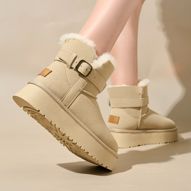 Bairuilun Autumn Winter Mid-top Faux Suede Flat Casual Shoes Comfortable Plush Lining Waterproof Snow Boots For Women