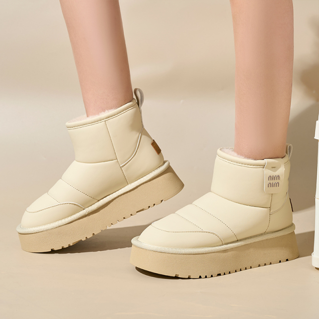 Bairuilun Pu Leather Thick Soled Women's Winter Shoes Waterproof Height Increasing Women's Snow Boots With 2cm Warm Plush