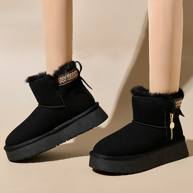 Side Zipper Thick Bottom Heightening Snow Boots Female Ethnic Style Thickened Wool Short Tube Thickened Warm Cotton Padded Shoes