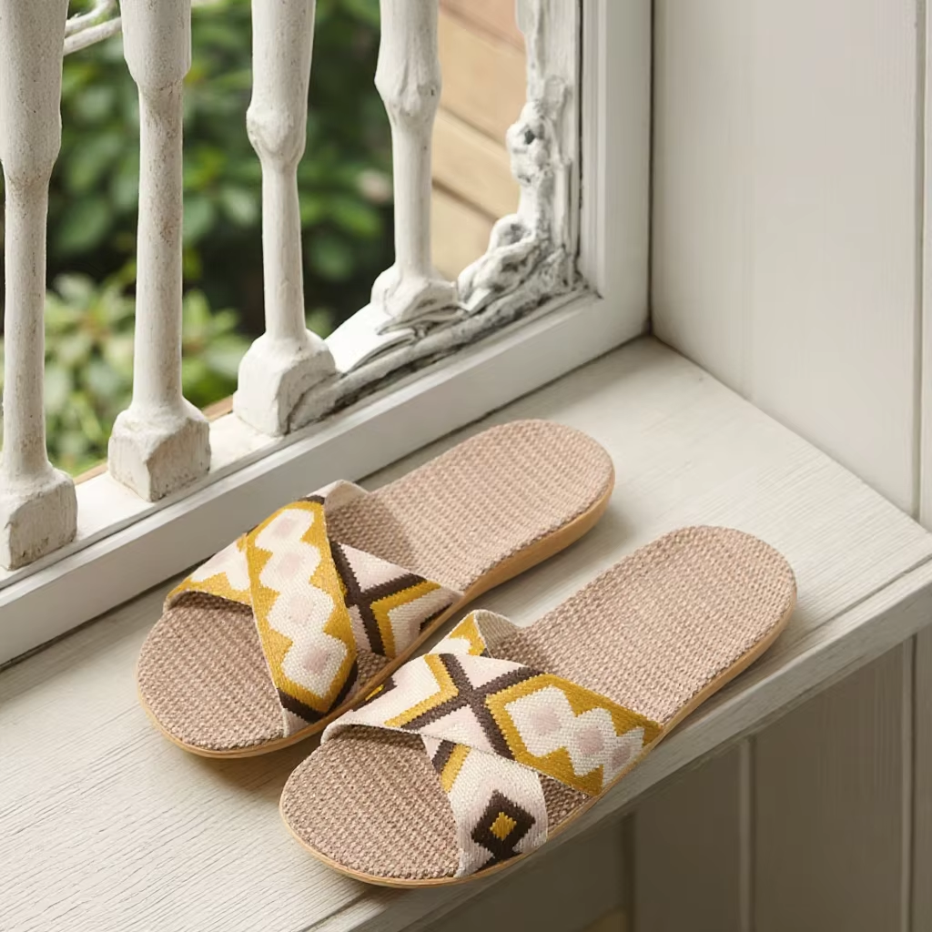 Wholesale Floor Silence Colored Linen slippers Living Room Shoes Summer slippers GeoWeave Geometric Custom Slippers