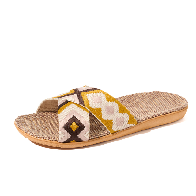 Wholesale Floor Silence Colored Linen slippers Living Room Shoes Summer slippers GeoWeave Geometric Custom Slippers