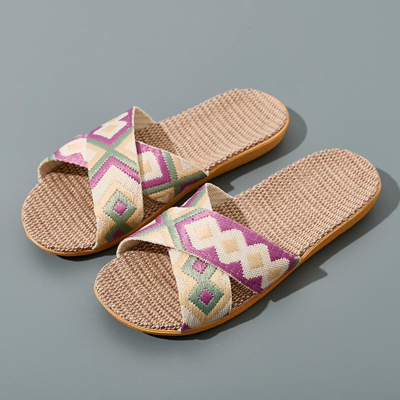 Wholesale Floor Silence Colored Linen slippers Living Room Shoes Summer slippers GeoWeave Geometric Custom Slippers