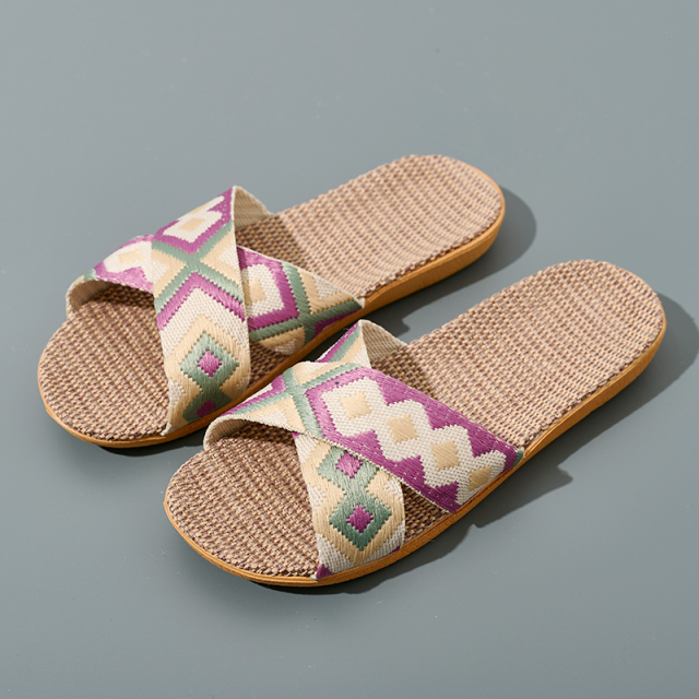 Wholesale Floor Silence Colored Linen slippers Living Room Shoes Summer slippers GeoWeave Geometric Custom Slippers