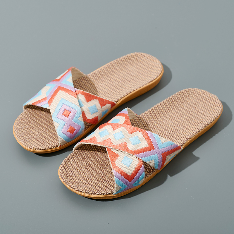 Wholesale Floor Silence Colored Linen slippers Living Room Shoes Summer slippers GeoWeave Geometric Custom Slippers