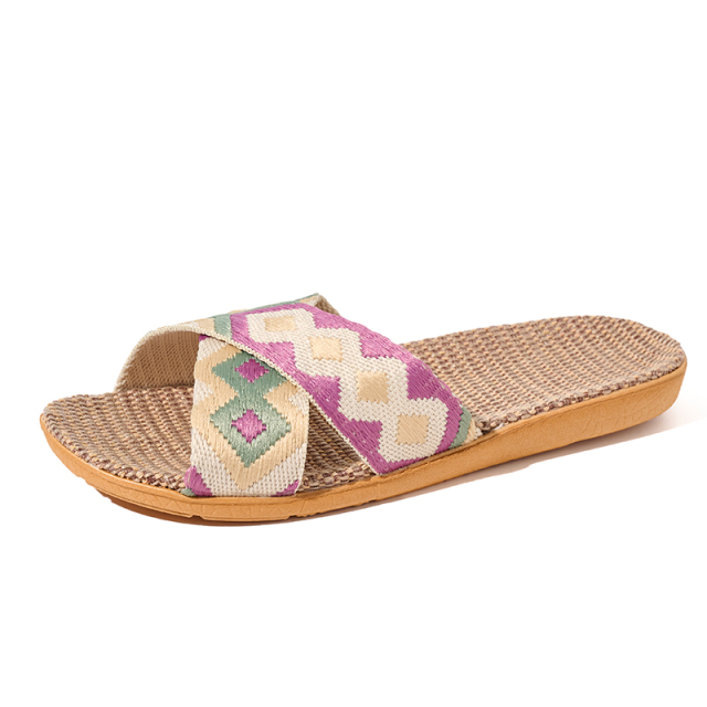 Wholesale Floor Silence Colored Linen slippers Living Room Shoes Summer slippers GeoWeave Geometric Custom Slippers