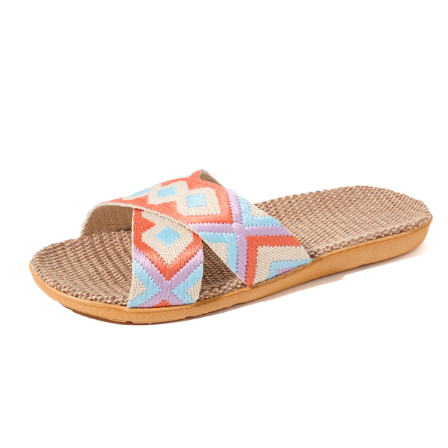 Wholesale Floor Silence Colored Linen slippers Living Room Shoes Summer slippers GeoWeave Geometric Custom Slippers