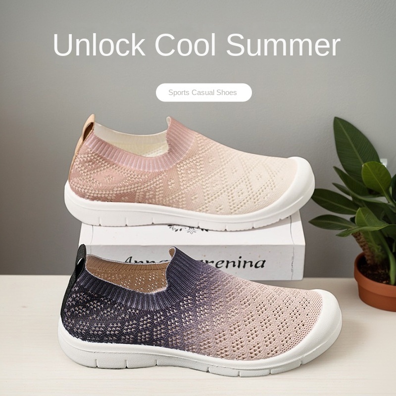 Wholesale 2025 Summer Breathable Mesh Shoes Gym to Office Fashion Slip-on Knit Sneakers Gradient Knit Slip-On Women Shoes