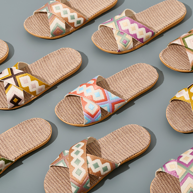 Wholesale Floor Silence Colored Linen slippers Living Room Shoes Summer slippers GeoWeave Geometric Custom Slippers