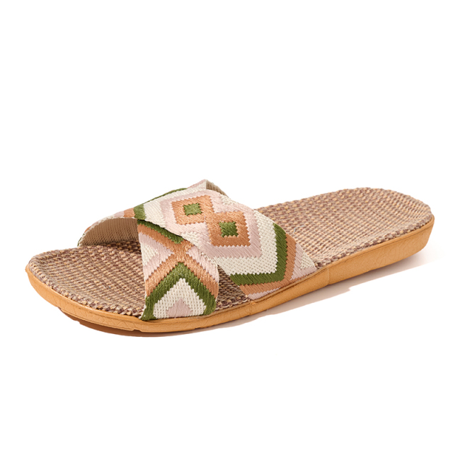 Wholesale Floor Silence Colored Linen slippers Living Room Shoes Summer slippers GeoWeave Geometric Custom Slippers