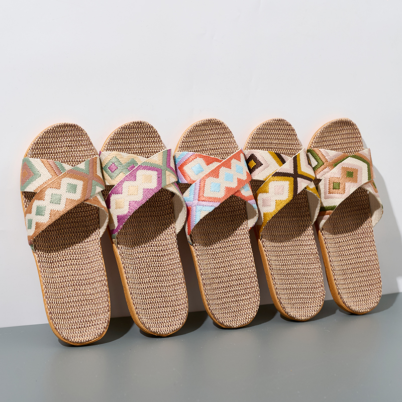 Wholesale Floor Silence Colored Linen slippers Living Room Shoes Summer slippers GeoWeave Geometric Custom Slippers
