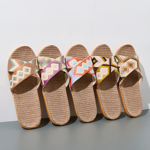 Wholesale Floor Silence Colored Linen slippers Living Room Shoes Summer slippers GeoWeave Geometric Custom Slippers