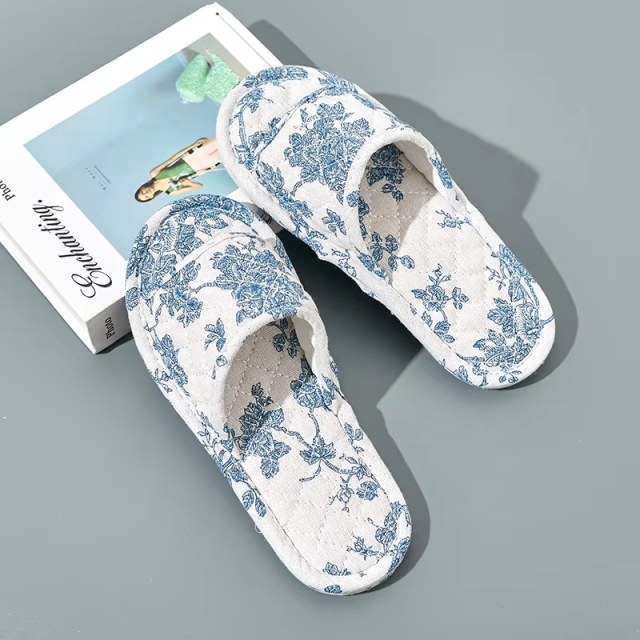 Wholesale Blue Floral Korean House Slippers Open Toe Machine Washable Soft Sole Non-Slip Silence Floor Slippers