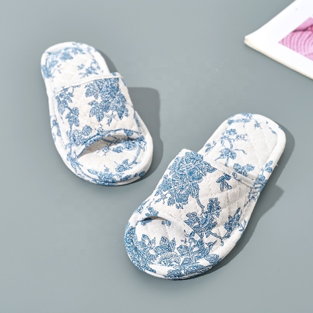 Wholesale Blue Floral Korean House Slippers Open Toe Machine Washable Soft Sole Non-Slip Silence Floor Slippers