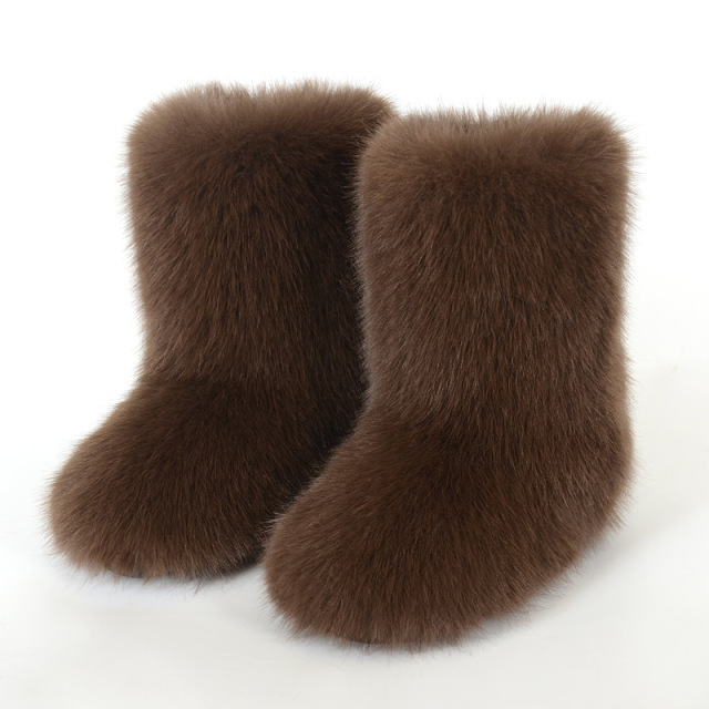 Wholesale Ready to Ship Women's Faux Fur Boots - Mid-Calf Winter Snow Boots with Fox & Raccoon Dog Style Trim