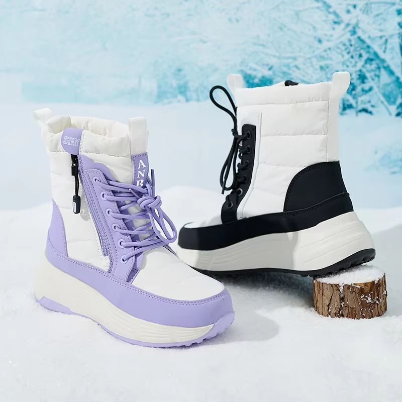 BAIRUILUN Winter New Women's Color-Blocked Mid-Calf Snow Boots Trendy Lace-Up Zipper-Accent Warm Platform Boots