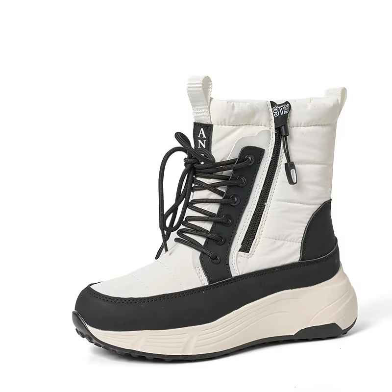 BAIRUILUN Winter New Women's Color-Blocked Mid-Calf Snow Boots Trendy Lace-Up Zipper-Accent Warm Platform Boots