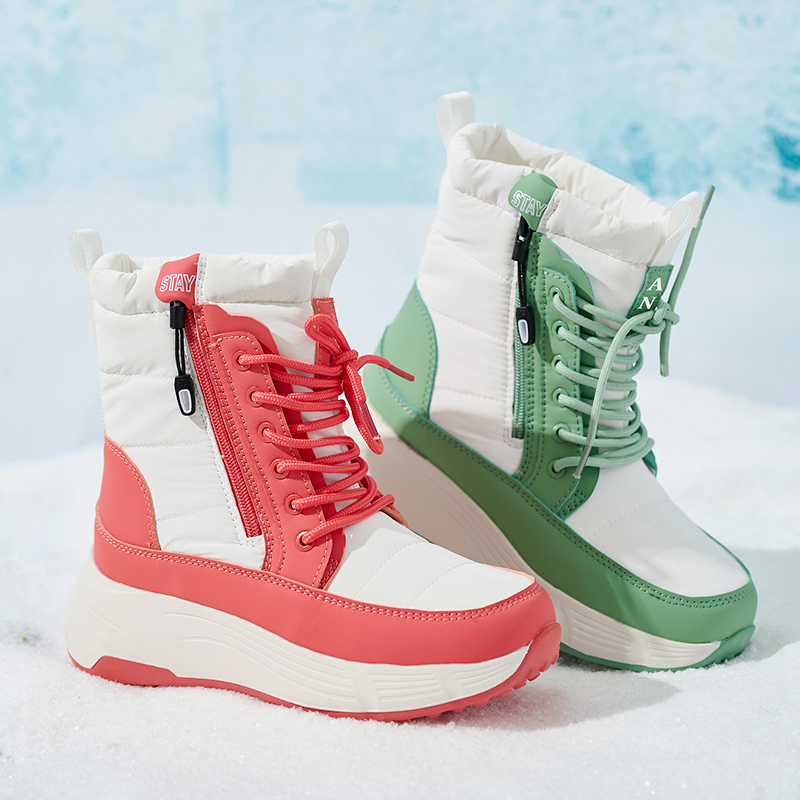 BAIRUILUN Winter New Women's Color-Blocked Mid-Calf Snow Boots Trendy Lace-Up Zipper-Accent Warm Platform Boots