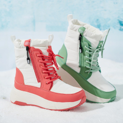 BAIRUILUN Winter New Women's Color-Blocked Mid-Calf Snow Boots Trendy Lace-Up Zipper-Accent Warm Platform Boots