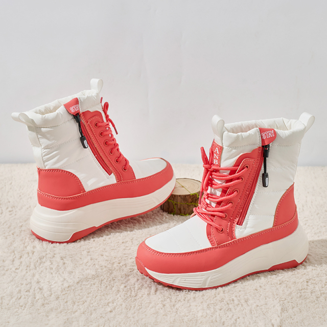BAIRUILUN Winter New Women's Color-Blocked Mid-Calf Snow Boots Trendy Lace-Up Zipper-Accent Warm Platform Boots