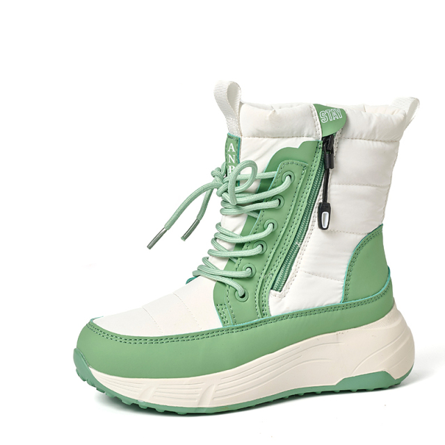 BAIRUILUN Winter New Women's Color-Blocked Mid-Calf Snow Boots Trendy Lace-Up Zipper-Accent Warm Platform Boots