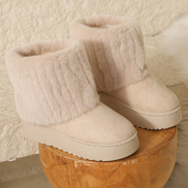 Women's Faux Fur Mid Calf Snow Boots - Round Toe Suede Warm Fur Lined Platform Flat Comfort Outdoor Winter Fashion Boots